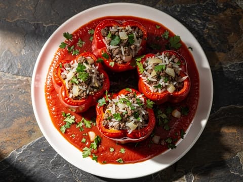 Kerstgevulde paprika’s met rundergehakt, rijst en tomatensaus Kerstgevulde paprika’s met rundergehakt, rijst en tomatensaus