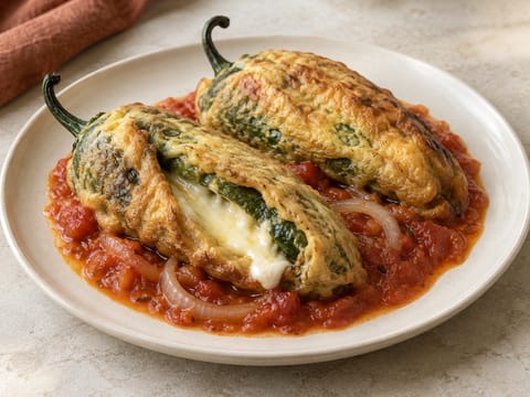 Chiles Rellenos (piments poblano farcis au fromage, sauce tomate)