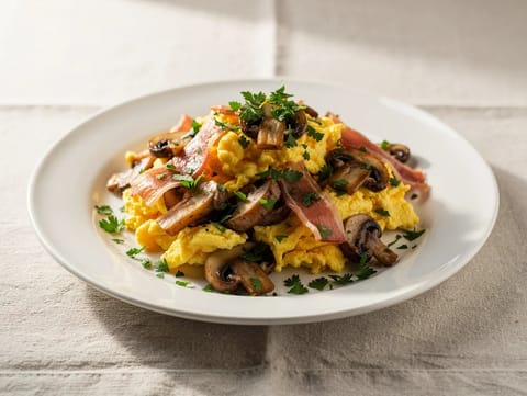 Revuelto de Setas y Jamón (roerei met wilde paddenstoelen en ham)