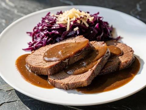 Rheinischer Sauerbraten με Rotkohl (Γλυκόξινο κόκκινο λάχανο)