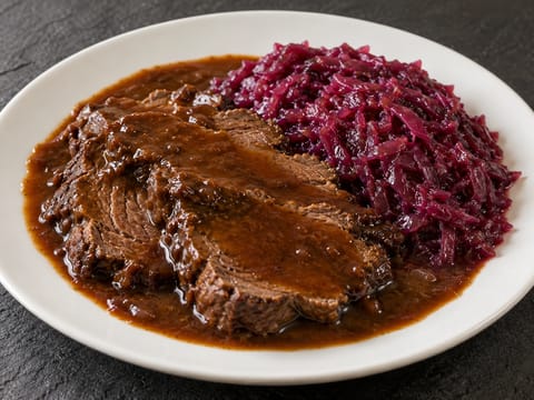 Rheinischer Sauerbraten with Rotkohl (søt-syrlig rødkål) Rheinischer Sauerbraten with Rotkohl (søt-syrlig rødkål)