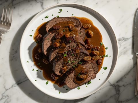 Rheinischer Sauerbraten με σταφίδες και σάλτσα με μπισκότα τζίντζερ