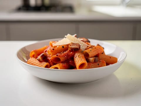 Rigatoni all’Amatriciana (rigatoni z guanciale i pomidorami) Rigatoni all’Amatriciana (rigatoni z guanciale i pomidorami)