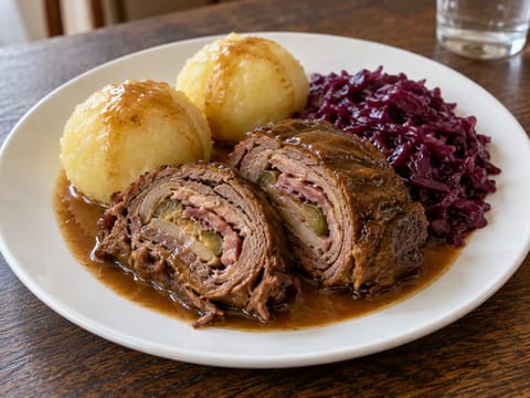 Rinderroulade (braiseret okserulle) med rødkål og kartoffelklumper