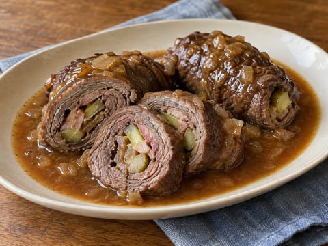 Rinderroulade (haudutetut naudanliharullat pekonilla ja suolakurkulla)