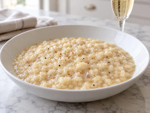 Risotto allo Champagne (cremet champagnerisotto med parmesan) Risotto allo Champagne (cremet champagnerisotto med parmesan)