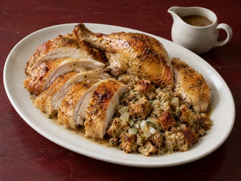 Pollo asado con relleno de hierbas y jugos de la bandeja Pollo asado con relleno de hierbas y jugos de la bandeja