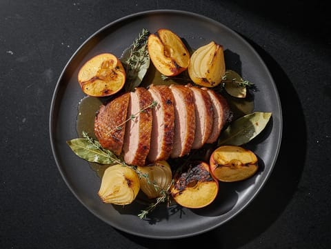 Oie rôtie aux pommes, oignon et thym Oie rôtie aux pommes, oignon et thym