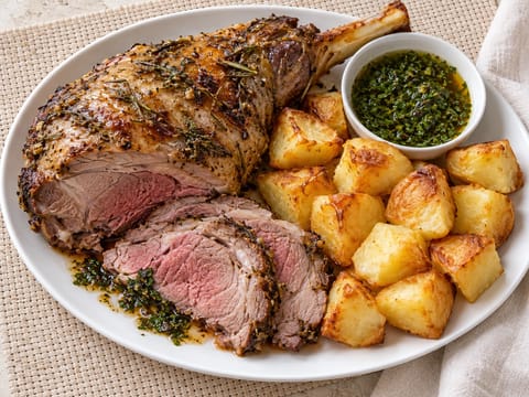 Perna de borrego assada com molho de hortelã e batatas assadas Perna de borrego assada com molho de hortelã e batatas assadas