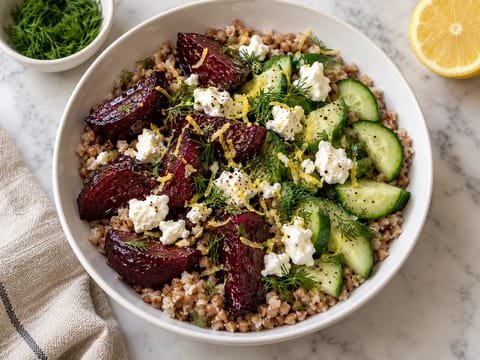 Ristet rødbede-boghvede-bowl med agurk og dild Ristet rødbede-boghvede-bowl med agurk og dild