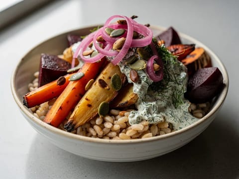 Bol de légumes racines rôtis avec orge et sauce à l’aneth Bol de légumes racines rôtis avec orge et sauce à l’aneth