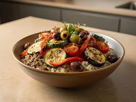 Provençalsk skål med ovnbagte grøntsager, quinoa og oliven