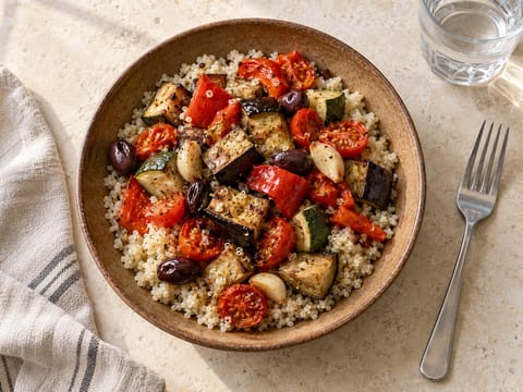 Kinoalı ve Zeytinli Fırınlanmış Provençal Sebze Kasesi Kinoalı ve Zeytinli Fırınlanmış Provençal Sebze Kasesi