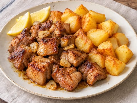 Rojões à Minhota (in reuzel gebakken varkensvlees met aardappelen) Rojões à Minhota (in reuzel gebakken varkensvlees met aardappelen)