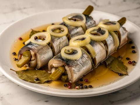Rollmops (rotolini di aringa marinata con cetriolini e cipolla)