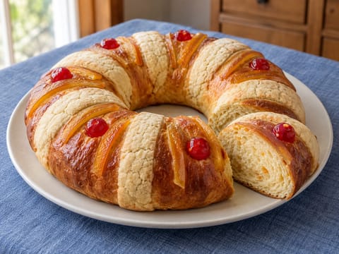Rosca de Reyes (tříkrálový věnec s pomerančem a kandovaným ovocem)