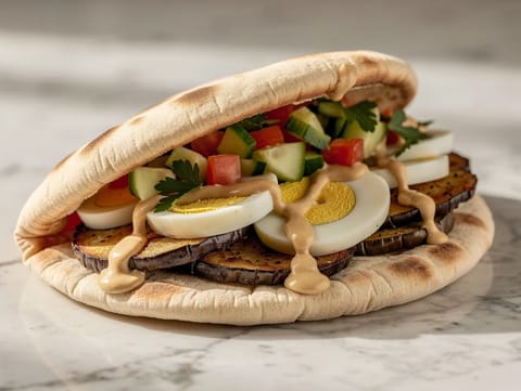 Kanapka sabich (pita ze smażonym bakłażanem i jajkiem) Kanapka sabich (pita ze smażonym bakłażanem i jajkiem)