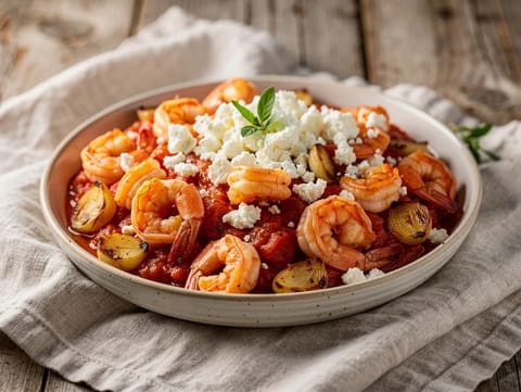 Krevety saganaki s rajčaty a fetou Krevety saganaki s rajčaty a fetou
