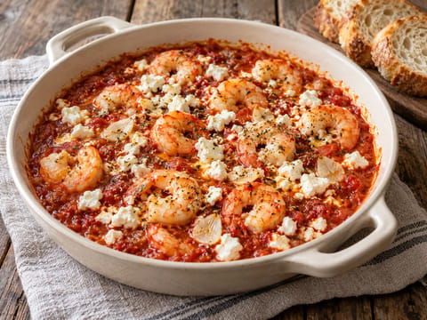 Garnalen saganaki met tomaat en feta Garnalen saganaki met tomaat en feta