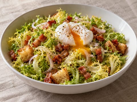 Salade Lyonnaise (insalata di frisée con uovo in camicia e lardons) Salade Lyonnaise (insalata di frisée con uovo in camicia e lardons)