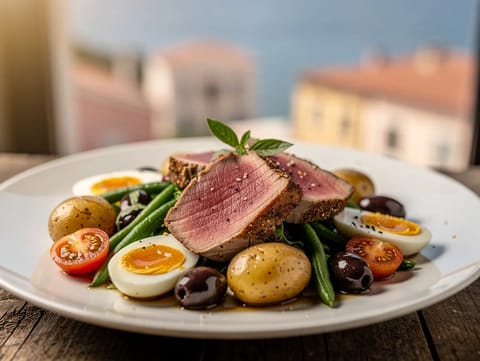 Salade Niçoise med stegt tun Salade Niçoise med stegt tun