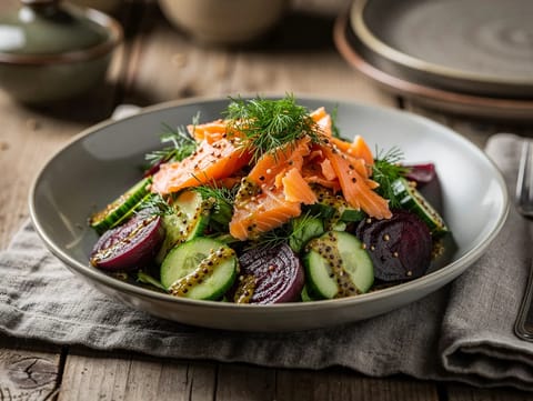 Insalata di salmone e barbabietola con aneto e senape integrale