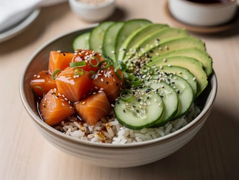 Poke bowl cu somon și avocado