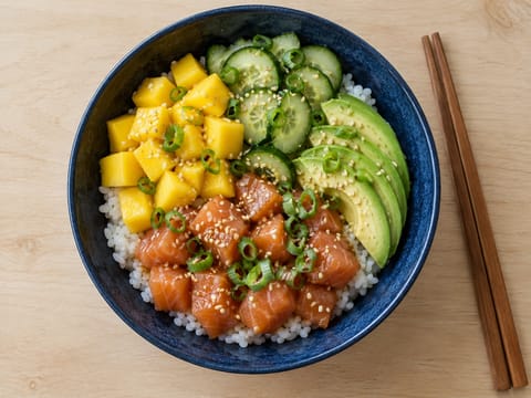 Lazacos-mangós poke bowl Lazacos-mangós poke bowl