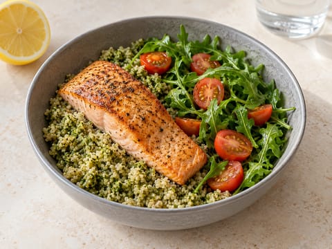 Taça de salmão com pesto, quinoa, rúcula e tomate-cereja Taça de salmão com pesto, quinoa, rúcula e tomate-cereja
