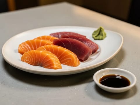 Sashimi (raakaa viipaloitua lohta ja tonnikalaa)