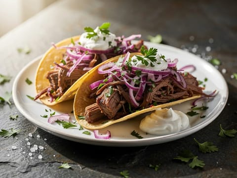 Sauerbraten-inspirerade pulled beef-tacos med rödkål