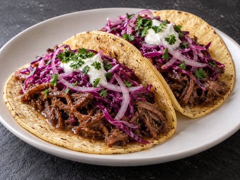 Sauerbraten ihlette, tépett marhahúsos taco vörös káposztával Sauerbraten ihlette, tépett marhahúsos taco vörös káposztával