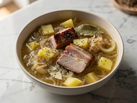 Savanyúkáposzta-leves füstölt sertéshússal (Sauerkrautsuppe mit Kassler) Savanyúkáposzta-leves füstölt sertéshússal (Sauerkrautsuppe mit Kassler)