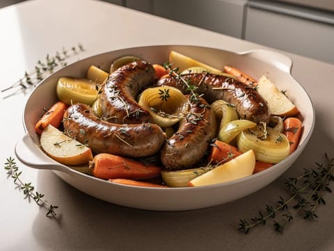 Cazuela de salchichas y sidra con puerros, zanahorias y manzanas