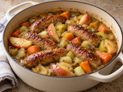 Ragoût de saucisses au cidre avec poireaux, carottes et pommes Ragoût de saucisses au cidre avec poireaux, carottes et pommes