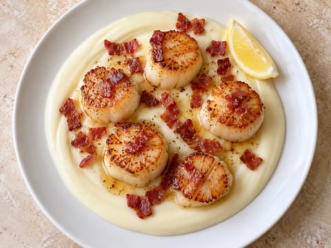 Capesante con purè di cavolfiore e pancetta croccante Capesante con purè di cavolfiore e pancetta croccante