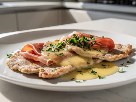 Scaloppine al Prosciutto (Kalb mit Weißwein-Pfannensauce)