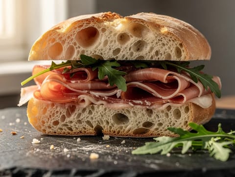 Schiacciata con Prosciutto e Rucola (bocadillo de prosciutto y rúcula)