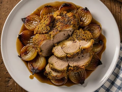 Senfbraten (mustárkérges sertéstarja-sült pecsenyelével)
