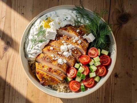 Sesam-Hähnchen Greek-Fusion-Bowl