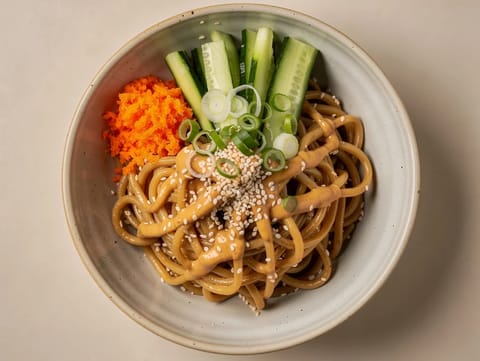 Moderne Sesam-Nudel-Bowl mit Erdnuss- und Tahini-Dressing