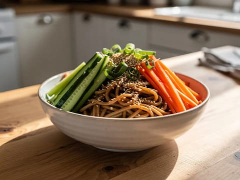 Sesamnudel-bowl med agurk og gulerod