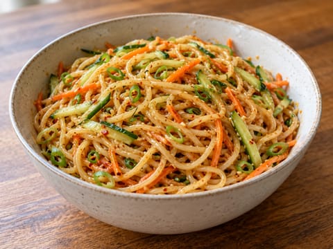 Taça de noodles com sésamo, pepino e cenoura Taça de noodles com sésamo, pepino e cenoura