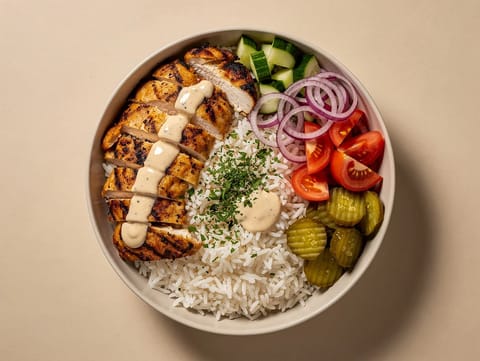 Moderne Shawarma-Bowl mit Tahini-Joghurt-Sauce