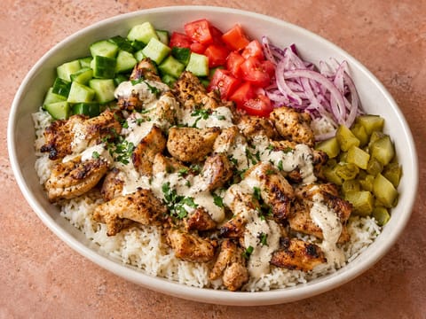 Bol modern de shawarma cu sos de iaurt și tahini Bol modern de shawarma cu sos de iaurt și tahini