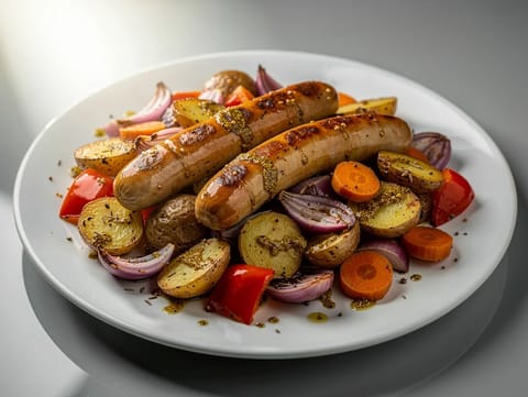 Bratwurst y verduras al horno en bandeja