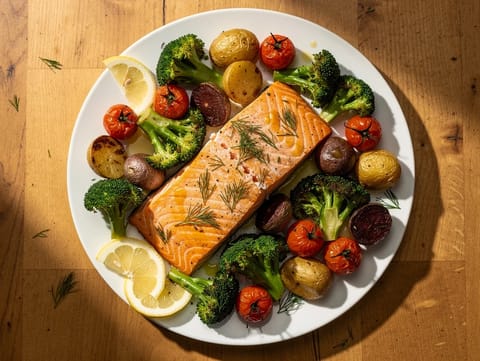 Salmone in teglia con patatine novelle, broccoli e pomodorini