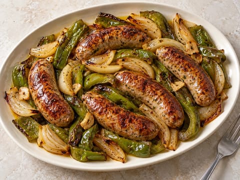 Salsiccia al forno in teglia con peperoni e cipolle Salsiccia al forno in teglia con peperoni e cipolle