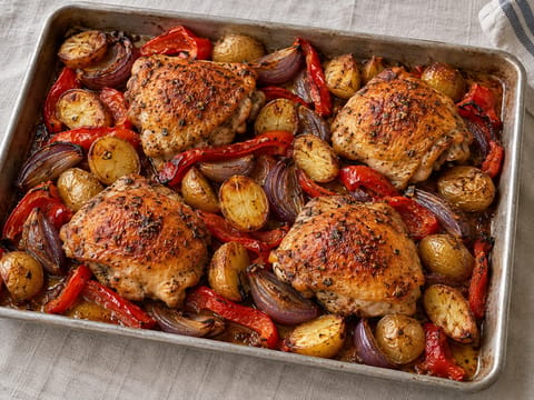 Spansk kyckling på plåt med potatis och paprika Spansk kyckling på plåt med potatis och paprika