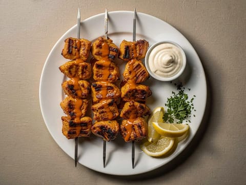 Shish Tawook (gemarineerde kipsaté met knoflooksaus)